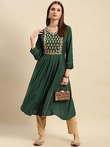 Image of rangita Green Viscose Blend Calf Length Embroidered Flared Kurti for Women | Kurta for Women