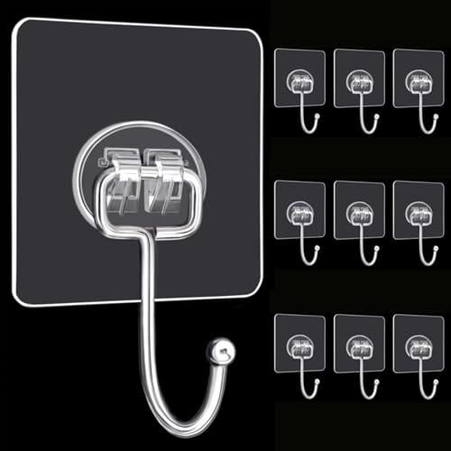 HANGMAI 10-Pack Large Adhesive Hooks, Heavy Duty 37lbs, No Damage, Waterproof, Stainless Steel & Acrylic, Kitchen, Bathroom, Office, Outdoor