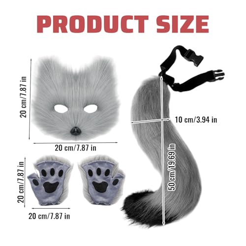 Kit Thérien renard gris complet anti-irritation masque et queue pour Halloween