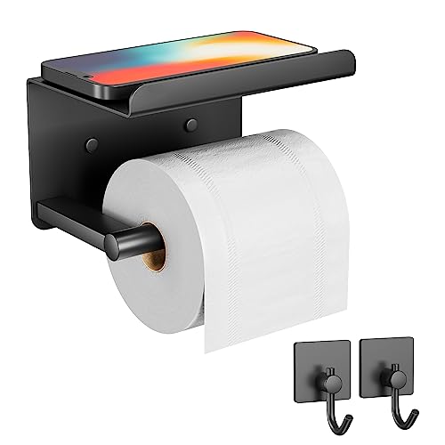 Toilet Paper Holder with Phone Shelf+ Two AdhesiveTowel Robe Hooks, Self Adhesive or Screw Wall Mounted Toilet Paper Roll Dispenser, Rustproof Bathroom Tissue Roll Holder with Shelf (Matte Black)