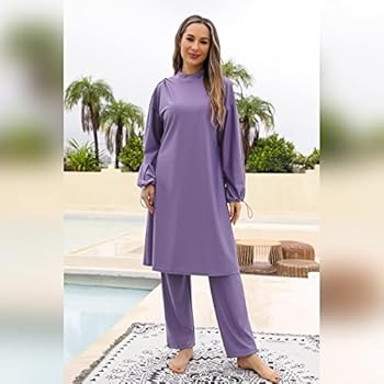 IMEKIS Bescheiden, modieuze 3-delige zwemkleding voor dames, islamitisch, Arabisch badpak voor moslims, lange mouwen, tankini met hijab, volledige bedekking, burkini, zwempak, lila, M