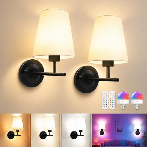 Image of Battery Operated Wall Sconce Set of Two, Black Cordless Rechargeable Wall Lights with Remote and Timer, 12 RGB Colors Dimmable Wall Lamps for Bedroom Living Room Hallway