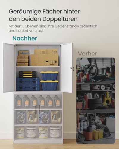 SONGMICS Aktenschrank, Mehrzweckschrank, Büroschrank, mit 4 Türen und 5 Ebenen, 40 x 80 x 180 cm, 2 Schlösser, verstellbare Ablagen, Aufbewahrungsschrank aus Stahl, mattgrau OMC016G01