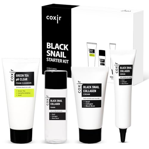 coxir Black Snail Collagen 4-Step Trial Starter Kit - Korean Skincare Gift with Snail Mucin Collagen & Black Bean | Cleanser + Toner + Serum + Cream for Firmer-Looking Glowing Skin [Travel 4-Piece]