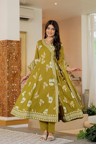 Image of Pistaa's Women's Pure Cotton Anarkali Floral Printed Hand Work Kurta with Pant & Dupatta Set