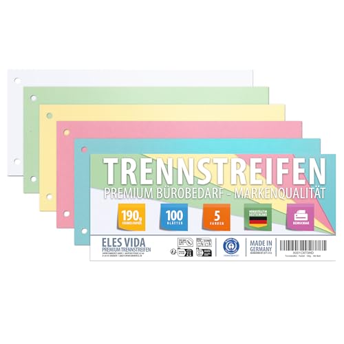 TRENNSTREIFEN 5 Farben 100 Stück in Maß 24 x 10 5 cm - gelocht 190g Material - beschreibbar - Lernkarte - Kartikarte - AUS DEUTSCHLAND - für A5 und A4 Ringordner - Registerblätter Ordnung