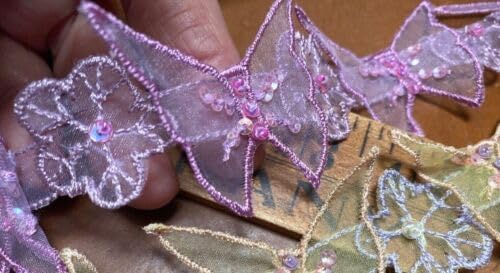 Orchid Embroidered Beaded Flowers Trim Butterflies Hand Sewn 1.5" Sequins Beads 1yd Fabric