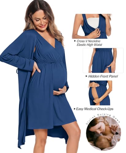 Image of SWOMOG Women Maternity Nursing Gown and Robe Set 3 in 1 Labor Delivery Nursing Nightgown for Breastfeeding Hospital Bathrobe