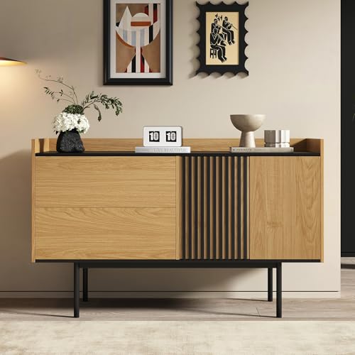 Aparador minimalista vintage con 2 cajones y estante ajustable, ideal para sala de estar y comedor, 130 x 40 x 80,5 cm (madera natural+negro)