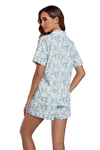 Image of LUBOT 100% Cotton Pajamas for Women 2 Piece PJ Set Poplin Woven Lightweight Ladies Button Short Sleeve Sleepwear S-XXL