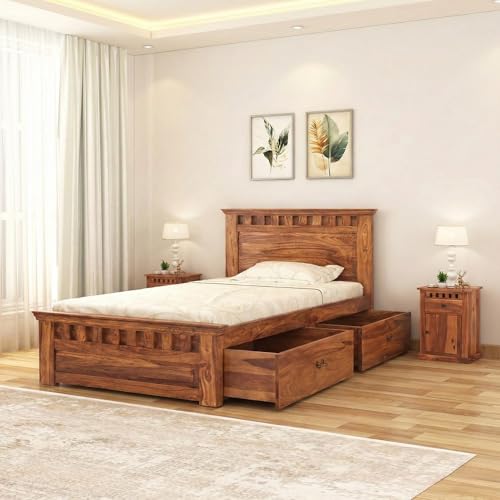 Image of SONA ART & CRAFTS Kuber Solid Sheesham Wood Single Bed (78x36) Furniture with Two Drawer Storage for Bedroom Solid Wood Bed Single Size Palang Wooden Cot Hostel Bed Living Room (Natural Finish)