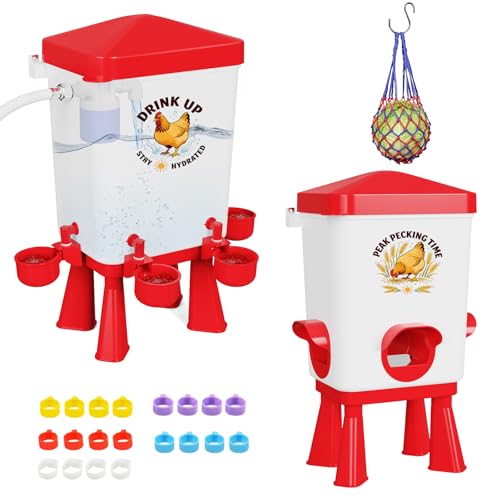3 Gallon Chicken Feeder and Waterer Set, Large Chick Water with Automatic Float Valve, No Waste Poultry Feeding and Watering System, 4 Cups & 3 Ports, Chicken Coop Accessories for Pigeons/Quail (Red)
