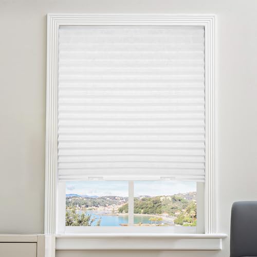 Glosaie - Estor plisado sin agujeros, filtro de luz inalámbrico, tela para ventanas, para interiores, 91 x 183 cm, recortable, color blanco, papel ciego con 12 clips, sombras