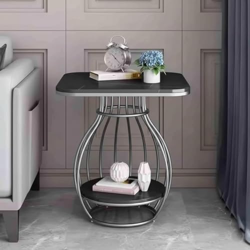 Image of Modern Side Table Corners Living Room Square Table Double Tier Sofa Side Table,Round Base Coffee Table,Portable Bedroom Nightstands Small Space (Gry Black)