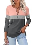 ORANDESIGNE Women’s 3/4 Length Sleeve Tops Summer Color Block Zipper T Shirts Casual Ladies Tees