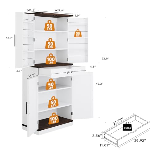 Image of GRUSIGN 72 inch Kitchen Pantry Storage Cabinet with Doors and Shelves, Wood Farmhouse Pantry Storage with Barn Doors for Kitchen, Dining Room, Living Room