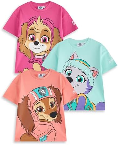 PAW PATROL Mädchen T-Shirt Set | Kinder 3er Pack Kurzarm T-Shirts mit Großem Charakterdruck | Skye Everest Liberty Cartoon Charaktere | Kinder Animierte TV-Serie Bek...