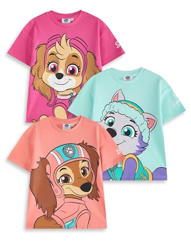 PAW PATROL Mädchen T-Shirt Set | Kinder 3er Pack Kurzarm T-Shirts mit Großem Charakterdruck | Skye Everest Liberty Cartoon Charaktere | Kinder Animierte TV-Serie Bekleidung Merchandise Geschenk