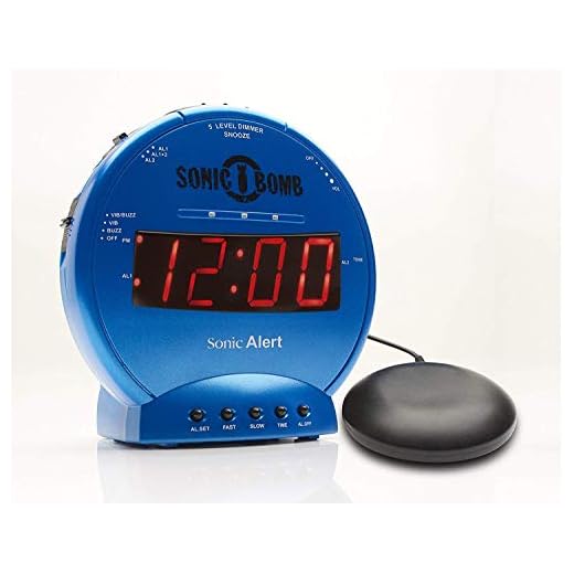 Sonic Alert Sonic Bomb Dual Alarm Clock with Bed Shaker, Blue Vibrating Alarm Clock Heavy Sleepers, Battery Backup | Wake with a Shake