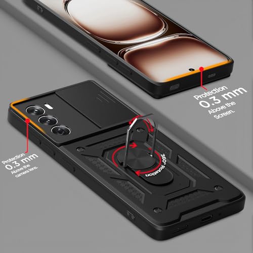 Image of Outlouders Back Cover for Oppo Reno 12 Pro 5G | D10 Tough Armor 360 Protection Case with Sliding Camera Shield & Ring Holder Stand Bumper Case (Black)