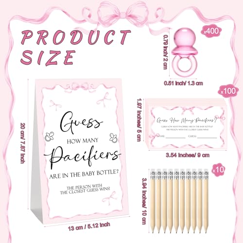 Image of Roowest 512 Pcs Baby Shower Games Guess How Many Pacifiers Sign 100 Small Guessing Games 10 HB Pencils 750ml Milk Bottle 400 Acrylic Pacifiers Decoration for Guest Gender Reveal(Pink,Bow)