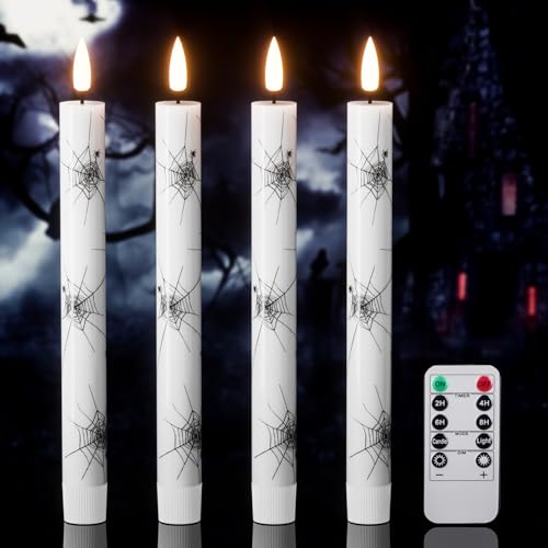 Image of Halloween Flameless Taper Candles with Remote Timer, 4 Pack LED Flickering Candlestick, 9.65 Inch Battery Operated Real Wax with Spider Web Prints Halloween Decor Indoor