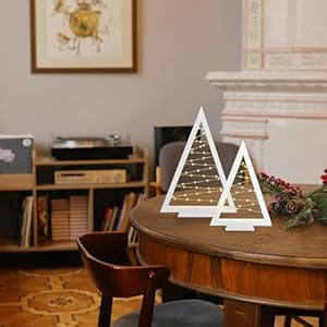 Lighted Christmas Tabletop Decorations 2Pcs LED Lights Wooden Christmas Tree Table Decor Battery Operated Wood Craft Light Up Ornament for Holiday Winter Party Desk Home Mantel Display Xmas White