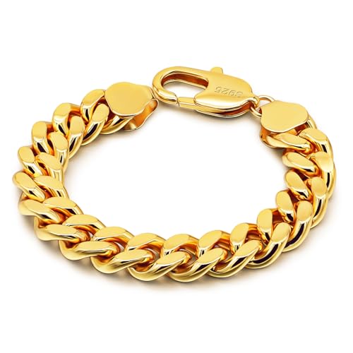 Dankadi Italian Men 925 Sterling Silver Bracelet 8-10-12MM Solid Miami Cuban Link Curb Chain 7" 7.5" 8" 8.5" 9" 9.5" 10" Bangle Man Jewelry Gift (Gold 12MM Smooth, 8.5 inch)