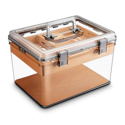 Acrylic Cigar Humidor with Hygrometer and Humidifier Cedar Wood Tray Modern Transparent Cigar Box with Handle Gifts for Men (Large)