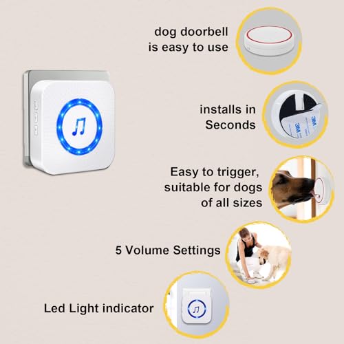 ChunHee Wireless Dog Doorbells for Potty Training Doggies Door Bell for Doggie Training Waterproof Touch Button 52 Melodies 5 Volume Levels LED Flash, 2 Receiver + 4 Transmitters