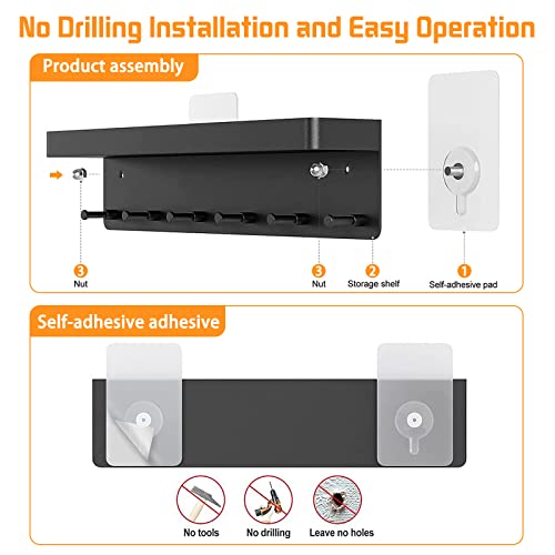 ICOUVA Schlüsselbrett mit Ablage,6 Haken Selbstklebend Wand Schlüsselhalter,Kleines Schlüsselhaken für Flur,Eingangsbereich,Küche,Badezimmer(Schwarz)