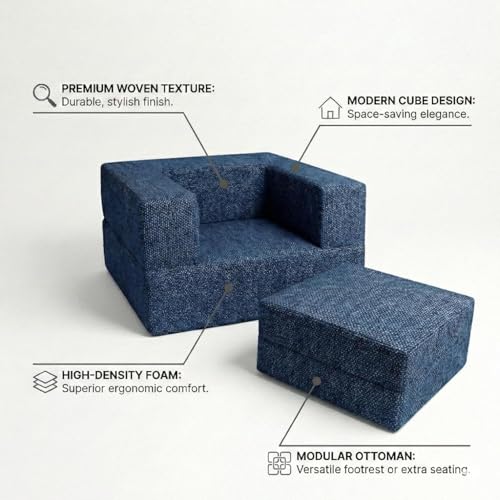 Image of C-Type Sofa Bed 3x6 Ft with Pouffe -Jute Fabric Convertible Floor Sofa Cum Bed with Wide Arm Support for Living Room & Guest Room, Office - Blue Color