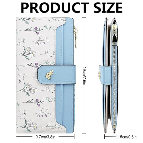 Image of Farcauo Wallet Women Slim Wallets for Women with RFID Blocking Cute Thin Blue Women's Wallet Kawaii Flower Womens Ladies Card Holder Wallets