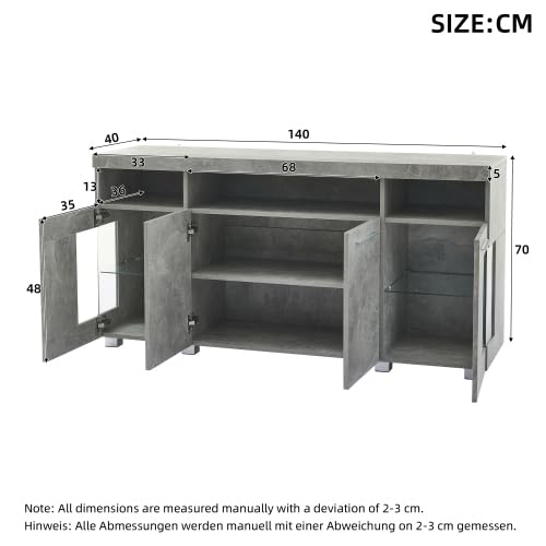 Merax Cemento Tavolino Credenza - 140 x 40 x 70 cm Armadio soggiorno con illuminazione a LED, vetro temperato, 3 scomparti e portaoggetti multiuso per soggiorno e cucina