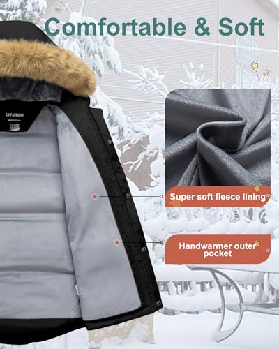 Image of Boy's Winter Coat Waterproof Kids Puffer Jacket Thicken Parka Fleece Lined Bubble Ski Snow Outerwear with Fur Hood