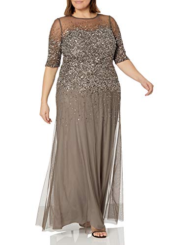 Adrianna Papell Women's 3/4 Sleeve Beaded Illusion Gown with Sweetheart Neckline, Lead, 10