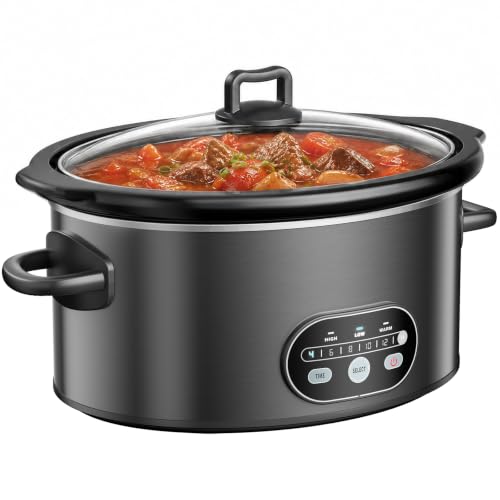 Image of NEWBULIG Slow Cooker 8 Quart, Large Slow Cooker, Ceramic Nonstick Coating, 3 Adjustable Temp Multi Cookers with Dishwasher Safe Stoneware Pot & Tempered Glass Lid, 35in Tangle Free Cord Wrap, Black