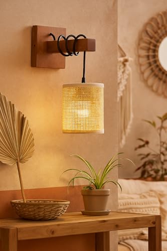 Image of AKWAY Rattan wall Lamps for Living Room | Bamboo wall Lights for Bedroom | Cane wall scones for Home Decoration (Bulb Not Included) (Rattan Square Webbing Hang)