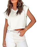 Tankaneo Womens Crop Tops V Neck Cap Sleeve Cropped T Shirts Casual Basic Tees White