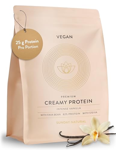 SUNDAY NATURAL Veganes Proteinpulver 1 Kg Super Creamy Vegan Protein Pulver Vanille 25g Eiweiß pro Portion - 3K Protein-Shake Gesamtes EAA- & BCAA-Profil Ohne Zuckerzusatz Laborgeprüft