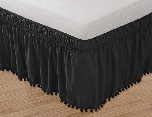 Celine Linen Luxury Top-Knot Tassle Pompom Fringe Ruffle Bed Skirt -Wrap Around Style- Elastic Bed Wrap- Wrinkle Resistant 16inch Drop, Twin/Full, Black