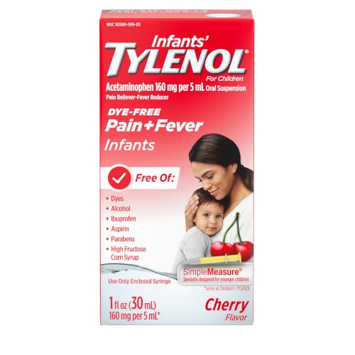 Infants Tylenol Oral Suspension Liquid Medicine with Acetaminophen Baby Fever Reducer & Pain Reliever for Minor Aches & Pains Sore Throat Headache & Teething Pain Dye-Free Cherry 1 fl. oz