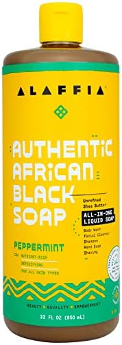 Alaffia Skin Care, Authentic African Black Soap, All in One Liquid Soap, Moisturizing Face Wash, Sensitive Skin Body Wash, Shampoo, Shaving Soap, Shea Butter, Peppermint, 32 Fl Oz
