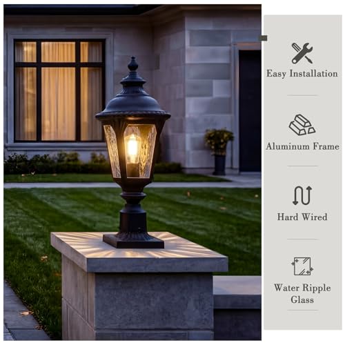 Image of Emliviar Matte Black Lamp Post Light Fixture, 22.4 inch Aluminum Outdoor Waterproof Post Lighting for Yard and Garden, Water Ripple Glass, XE265P-M BK-SW
