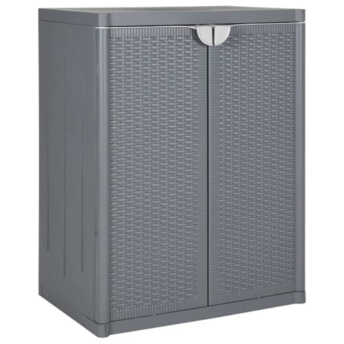 Gecheer Armario Jardin Armario Exterior Impermeable Armario Bajo Armario de Almacenaje Ratán PE Armario Escobero Armario de Exterior e Interior,Jardín y Terraza Gris 65x45x88 cm