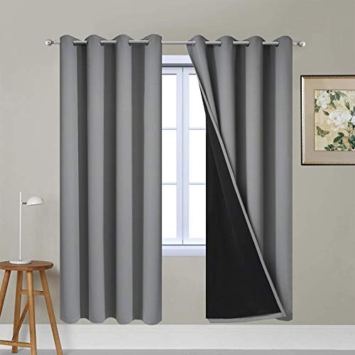 Image of Yakamok Full Shading Curtain Panels for Windows, 2 Thick Layers Thermal Insulated Drapes with Black Liner for Living Room(52Wx72L, Grey, 2 Panels)