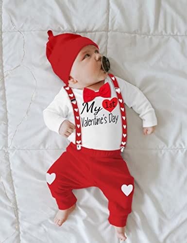 Baby Boy Valentines Day Outfit My First Valentines Day Long Sleeve Romper + Suspender Pants + Hat 3Pcs Spring Outfit2