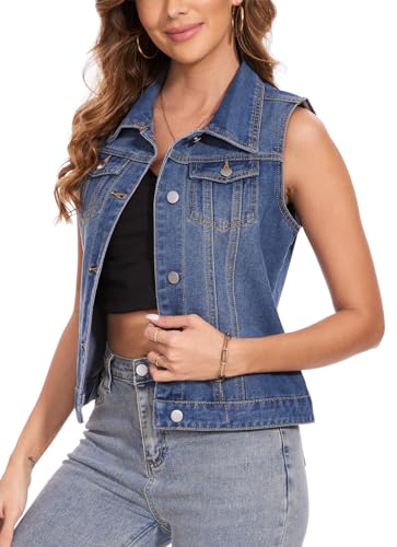 MISS MOLY Women's Denim Vest Cropped Classic Sleeveless Jean Vest Jackets With Flap Pockets2