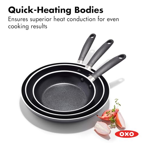 Image of OXO 3-Piece Nonstick Frying Pan Set (8 inch, 10 inch, 12 inch), PFAS-Free Ceramic Skillets, Dishwasher & Oven Safe, Stay-Cool Silicone Handle