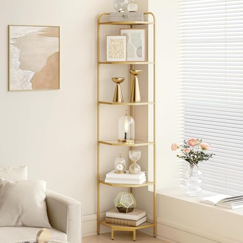 Hzuaneri Corner Shelf Stand 6-Tier Glass Bookshelf Bookcase Plant Stand